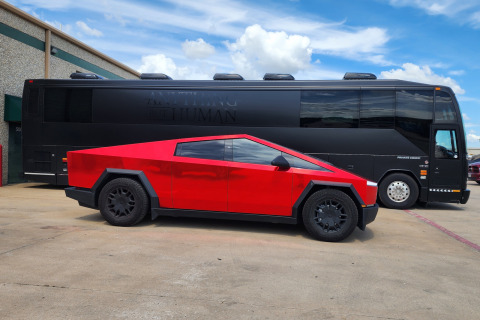 Chrome-Red-vinyl-Wrapped-Cybertruck-Satin-Black-Tour-Bus
