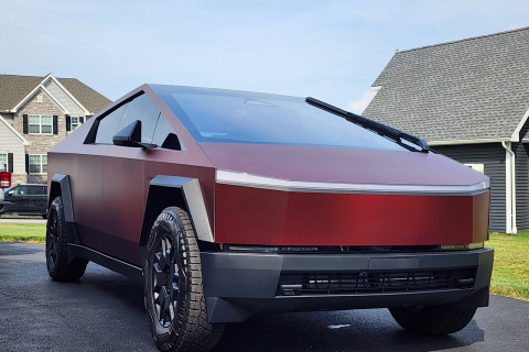 Color-Shifting-Red-Vinyl-Wrapped-Cybertruck