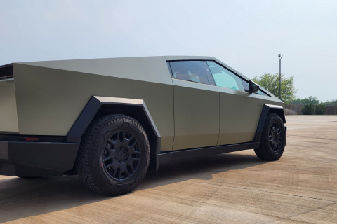 Satin-Khaki-Green-Vinyl-Wrapped-Cybertruck
