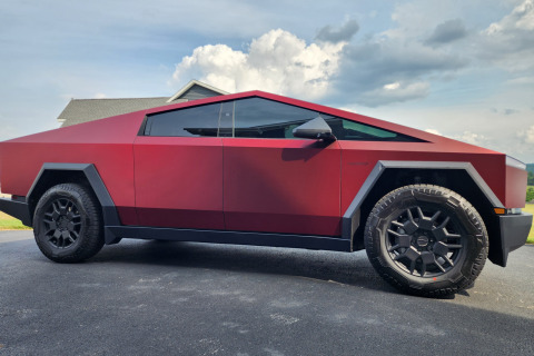 Satin-Red-Vinyl-Wrapped-Cybertruck