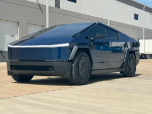 Tesla Cybertruck with stealth wrap near the Long Center in Austin by CybertruckWrap.com